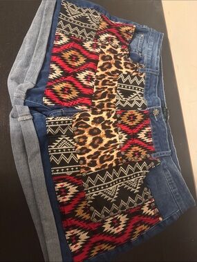 Women’s Multicolor Aztec & Leopard Patchwork Denim Shorts